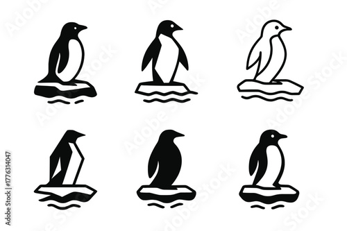 Seasonal Animal Logos. Animals in the wild during different seasons. Set Logo of Animals in the wild during different seasons: penguin on icy landscape. Icon