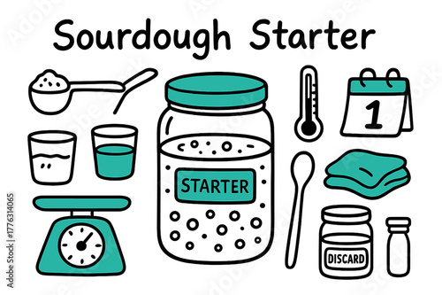 Sourdough Starter Essentials. // Sourdough starter. Hand-drawn doodle illustration Sourdough starter [glass jar (accented), rubber band, starter bubbles