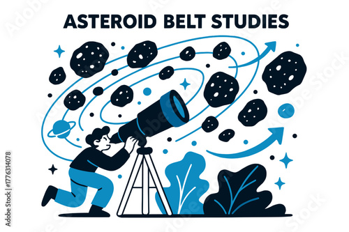 Asteroid Belt Exploration. Asteroid belt studies. Telescope pointing towards asteroid belt with floating asteroids and abstract orbit lines; conveys astronomy,