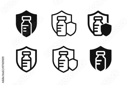 Health Campaign Icons. Public health campaigns. Icon set. Set Logo of public health campaigns: vaccine vial and shield. harmonious logo variations of the same