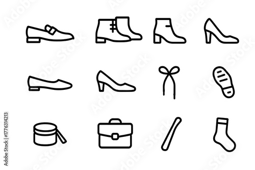 Office Footwear Icons. Office footwear. Line outline icon set of office footwear: loafers, oxfords, ankle