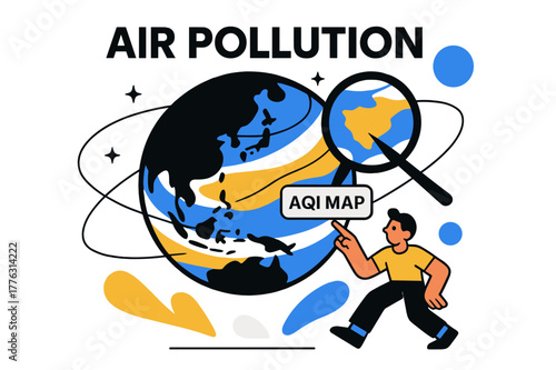 Stylized Earth Haze. Air pollution ? Satellite view of haze. A stylized Earth with swirling bands; a pointer frames a region with a tiny ?AQI MAP? label. Stars
