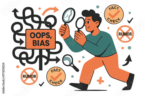 Clear Vision Journey. Cognitive bias & misinformation. A maze of arrows leads to a sign reading ?Oops, bias?; a character swaps a crooked lens for a clear one.