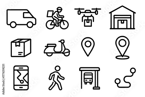 Urban Mobility Icons. Urban mobility. Line icon set of urban mobility: delivery van, bicycle courier, drone, warehouse, package, scooter, map marker,