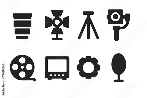 Cinematography Icon Set. Cinematography. Filled icon set of cinematography: camera lens, lighting rig, tripod,