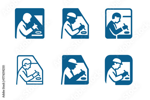 Laboratory Logo Variations. Laboratory assistants performing hands-on tasks. Set Logo of Laboratory assistants performing hands-on tasks: plating culture in