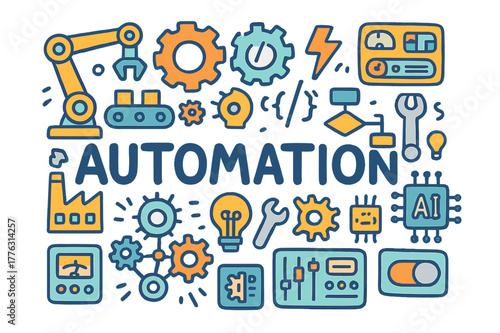 Automation Doodle Art. Automation. Hand-drawn doodle illustration of Automation. Robot arm, gears, conveyor