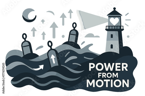 Tidal Energy Scene. Tidal & wave energy. Floating buoys bounce with the swell as arrows rise from waves; ?Power from motion? glows. A lighthouse beams a