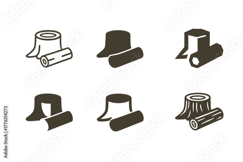 Deforestation Logo Variations. Deforestation. Set Logo of deforestation: tree stump and fallen log. Icon set. harmonious logo variations of the same emblematic