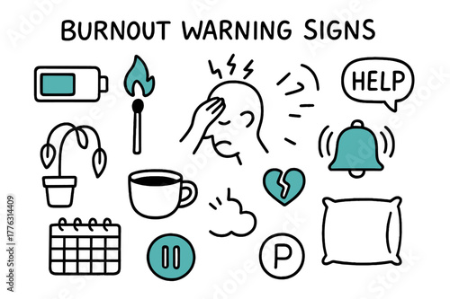 Burnout Icons Illustration. // Burnout warning signs. Hand-drawn doodle illustration Burnout warning signs [battery empty (accented), flame-out match