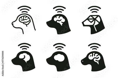 Animal Consciousness Logos. Exploring the consciousness of animals. Set Logo of exploring the consciousness of animals: animal brain with thought waves. Icon