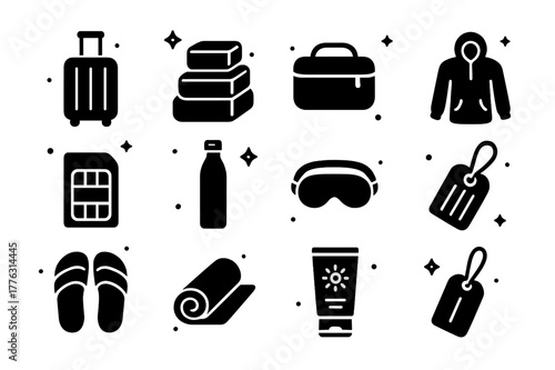 Nomad Travel Essentials. Travel Essentials for Nomads. Solid icons set of Travel Essentials for Nomads: carry on suitcase, packing cubes, toiletry bag, travel