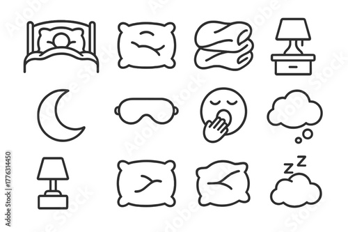Cozy Sleeping Icons. Soft, Fluffy Pillows Surrounding Someone in Bed. Line icon set of Soft, Fluffy Pillows Surrounding Someone in Bed: bed frame, headboard,