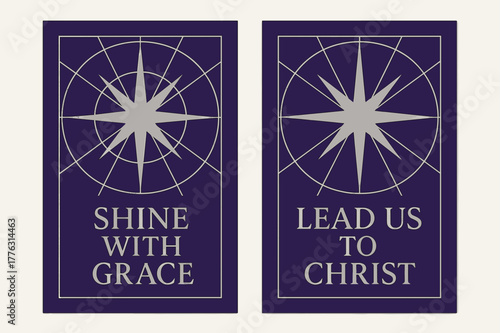 Graceful Morning Banners. Morning Star. Two vertical A6 banners with safe margins, centered composition, no elements touching edges, geometric, royal purple