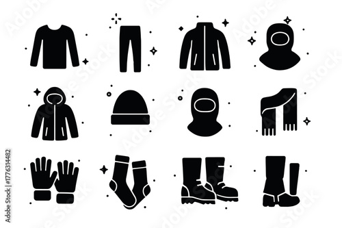 Cold Weather Icons. Cold weather clothing layers. Solid icons set of Cold weather clothing layers: base layer top, base layer leggings, midlayer fleece,