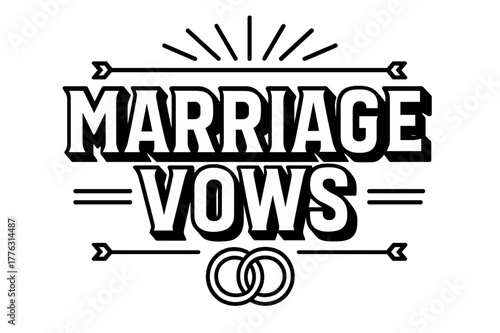 Geometric Marriage Vows. Marriage Vows ? bold block geometric lettering; thick uppercase with geometric serifs, heavy outer outline, strong cast shadow;