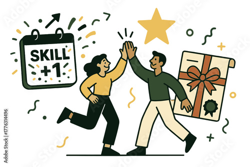 Milestone Celebration. Celebrating milestones. A calendar square bursts into confetti with ?Skill +?; teammates high-five under a rising star. A ribbon wraps a