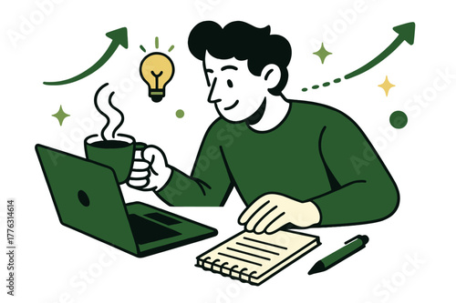 Coffee and Focus. Coffee and focus. A steaming cup of coffee beside a laptop and notepad, with soft glowing