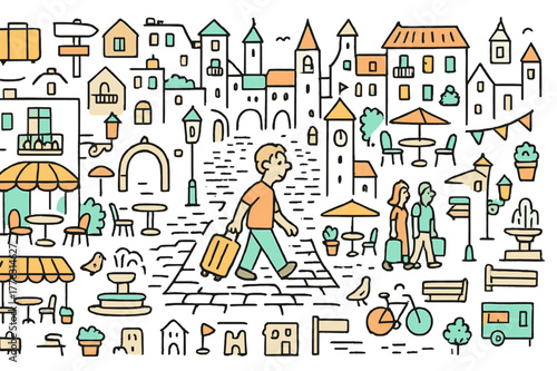 Charming Historic Stroll. Old town stroll. Hand-drawn doodle illustration person walking (colored), cobblestone street (colored), historic buildings (colored),