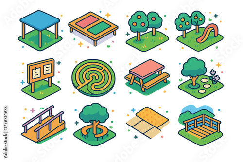 Isometric Public Spaces. Public spaces for wellbeing. Colorful isometric vector icons set of Public spaces for wellbeing: shade pavilion, yoga deck, play
