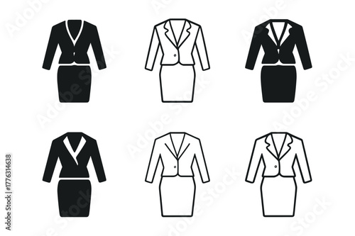 Womenswear Fashion Logos. Womenswear fashion. Icon set. Set Logo of Womenswear fashion: blazer and pencil skirt ensemble. harmonious logo variations of the