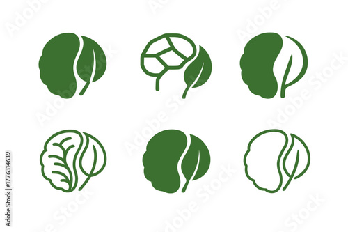 Nature Therapy Logos. Nature-based therapies for mental health. Set Logo of Nature-based therapies for mental health: leaf merging into a human brain shape.