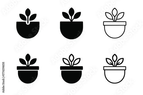 Plant Pot Logos. Plant pot. Icon set. Set Logo of plant pot: wall-mounted planter pocket. harmonious logo variations of the same emblematic concept, each with