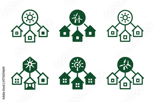 Renewable Energy Logos. renewable energy grids. Set Logo of renewable energy grids: microgrid hub with distributed homes. Icon set. harmonious logo variations