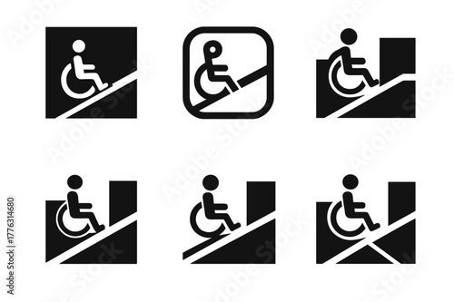 Urban Design Solutions. Barriers and solutions in urban design. Set Logo of Barriers and solutions in urban design: accessible ramp linking two street levels.
