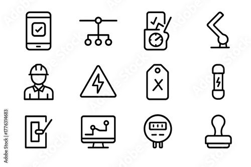 Grid Interconnection Icons. Grid interconnection. Line icon set of grid interconnection: interconnect application, single line diagram, protective relay,