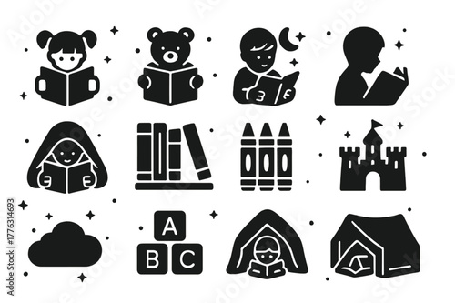 Children's Reading Icons. Children Reading. Solid icons set of Children Reading: storybook, teddy bear, stars, moon, child silhouette, blanket, bookshelf,