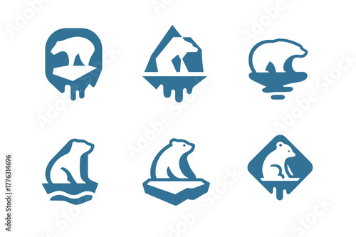 Polar Bear Logos. Climate change effects. Set Logo of Climate change effects: polar bear stranded on melting ice. Icon set. harmonious logo variations of the