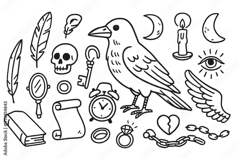 Fototapeta premium Raven Symbolism Icons. Raven symbolism. Hand-drawn doodle illustration Raven symbolism feather, skull, key, mirror, clock, moon, scroll, candle, eye, ring,