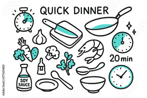 Quick Dinner Doodle. // Quick dinner. Hand-drawn doodle illustration Quick dinner [timer (accented), wok (accented), cutting board, knife (accented), garlic,