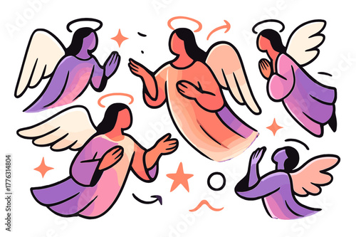 Angelic Guardians. Angelic figures. Glowing angels with abstract flowing robes and wings, halos, and floating