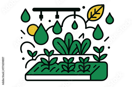 Drip Irrigation Illustration. Water-efficient agriculture. Drip irrigation watering lush green crops, floating