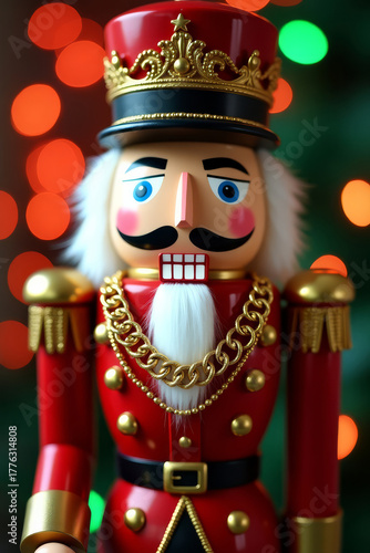 Classic Nutcracker figurine in red and gold royal attire. Elegant christmas Nutcracker toy close-up. Festive Nutcracker king with crown and luxury details.