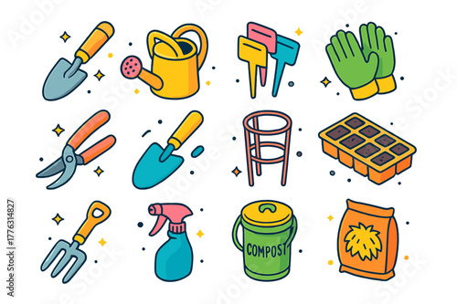 Colorful Gardening Tools. Home tomato gardening tools. Colorful isometric vector icons set of Home tomato gardening tools: hand trowel, watering can, plant