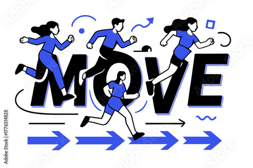 Dynamic Typography Motion. Kinetic Typography. Giant word ?MOVE? ripples forward as letters stagger with rhythmic bounce; arrows sweep the baseline like a