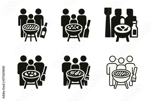 BBQ Family Icons. A family enjoying a BBQ in the backyard, with grilled meats and vegetables. Set Logo of A family enjoying a BBQ in the backyard, with grilled