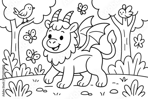 Chimera Forest Adventure. Friendly fantasy forest children?s coloring book illustration, outlined drawing, a cheerful chimera walking among trees with smiling
