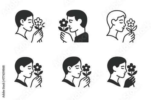 Flower Bouquet Logos. Smelling fresh flowers from a bouquet. Set Logo of Smelling fresh flowers from a bouquet: hand holding bouquet near face. Icon set.