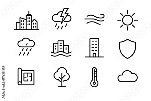 Extreme Weather Icons. Extreme weather urban planning. Line outline icon set of extreme weather urban planning