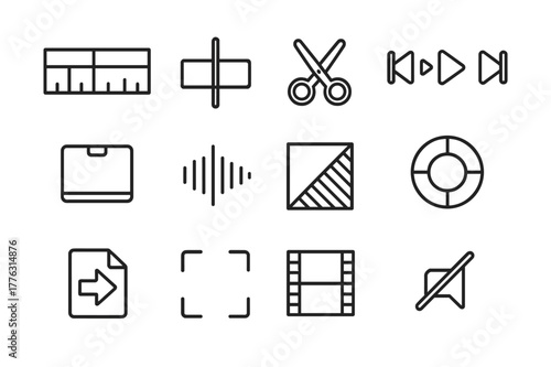 Video Editing Icons. Video Editing. Line icon set of Video Editing: timeline, playhead, scissors cut, playback controls, clip segment, sound wave, transition