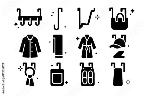 Small Space Door Hooks. Small space door hooks. Solid icons set of Small space door hooks: over-door rack, slim hook, foldable hook, tote bag, coat, towel,