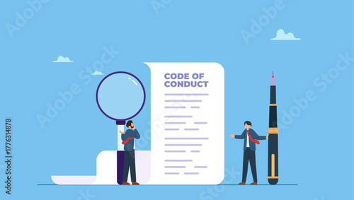 Businessman writing code of conduct document. Code of conduct, ethical policy or rules, regulation or principles guideline for work responsibility, compliance document or company standard.