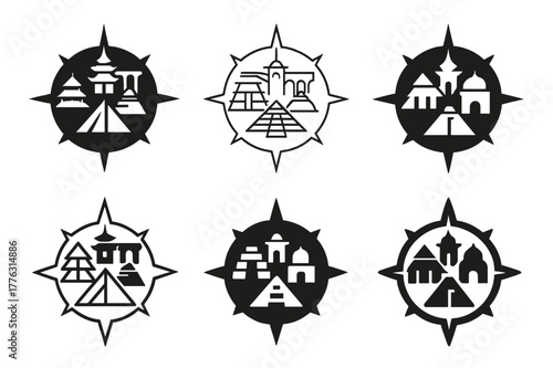 Cultural Heritage Logos. Celebrating diversity through cultural heritage sites. Set Logo of celebrating diversity through cultural heritage sites: compass rose