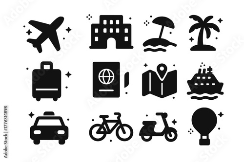 Travel Icon Set. Travel and Vacation. Solid icons set of travel and vacation: airplane, hotel, beach, palm tree, suitcase, passport, map, cruise ship, taxi,