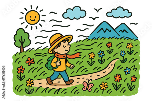 Windy Meadow Adventure. windy meadow. Colorful Hand-drawn doodle Children illustration windy meadow person, tall grass, wind, mountain, clouds, sun, birds,