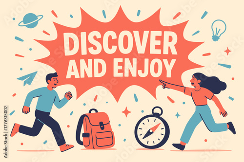 Explore Adventure Ahead. Discover and enjoy banner, flat vector illustration, bold oversized text inside splash explosion, cartoon characters running and